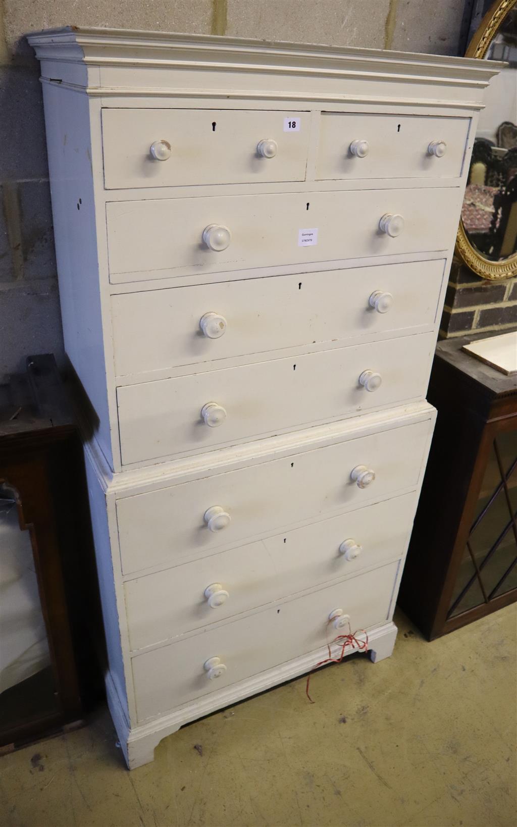 A 19th century white painted pine tallboy, width 81cm, depth 44cm, height 165cm